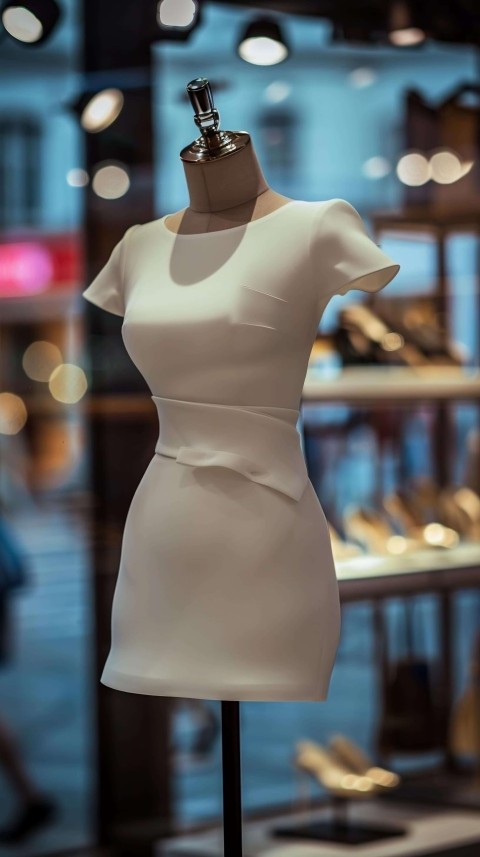 Mannequin in White Dress with Shoes on Display in Store Window