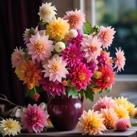 Autumn Bouquet Of Dahlia Flowers In A Vase